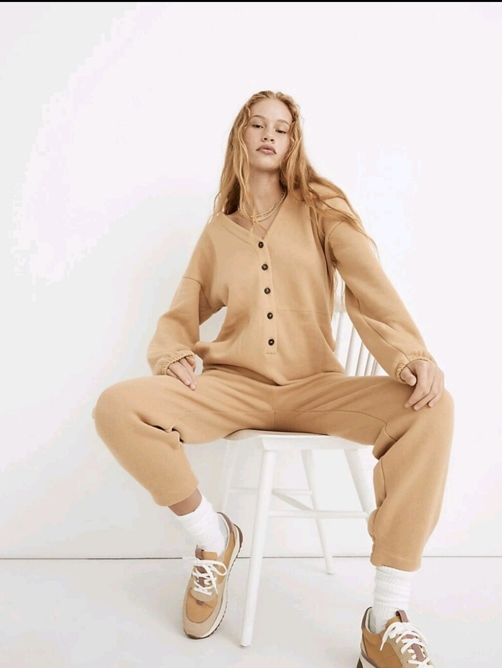 🌟7/25$ MADEWELL BETTERTERRY STRAW V-NECK BUTTON FRONT COVERALL JUMPSUIT